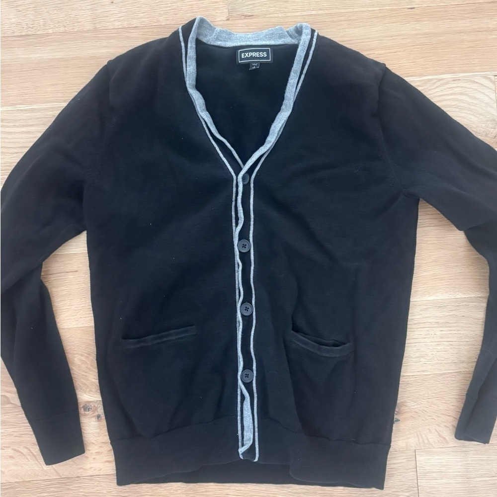 Express Men's Cardigan in Black with Gray Trim. Medium